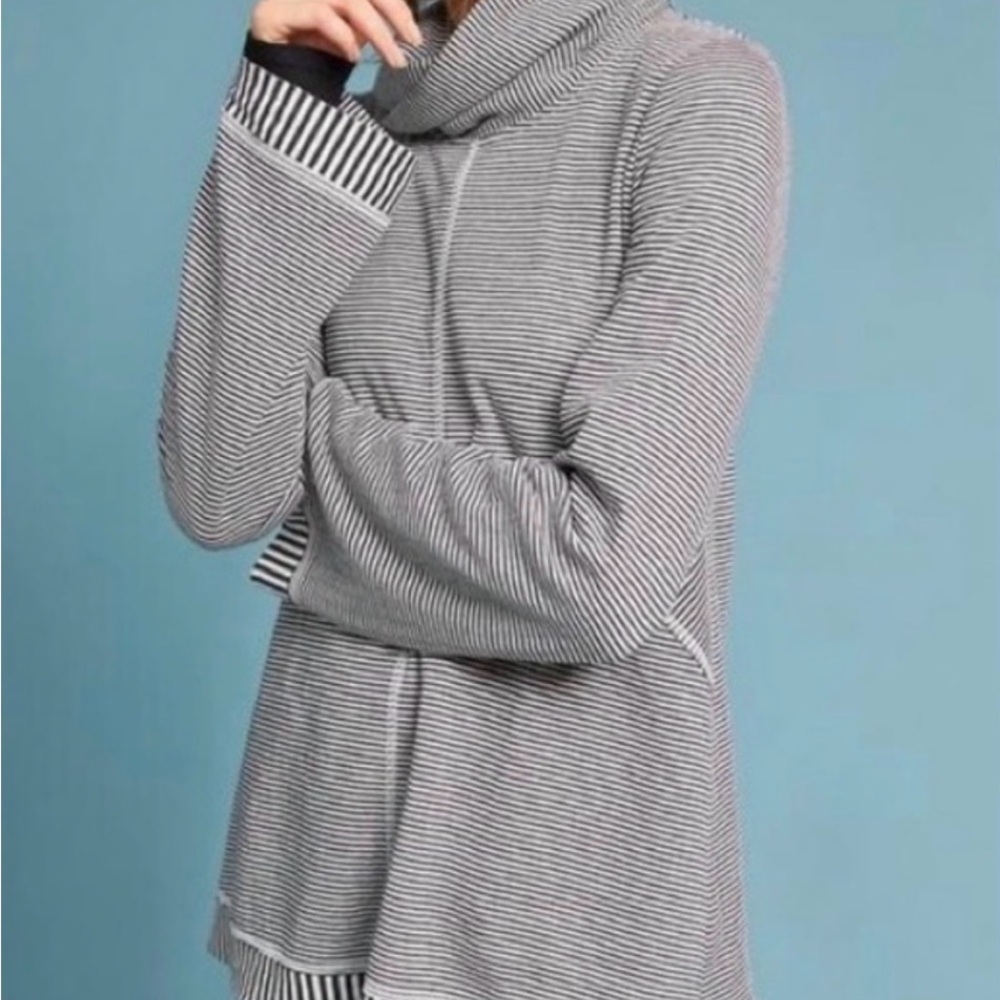 Anthropologie Maeve Gray and White Striped Cowl Neck Top